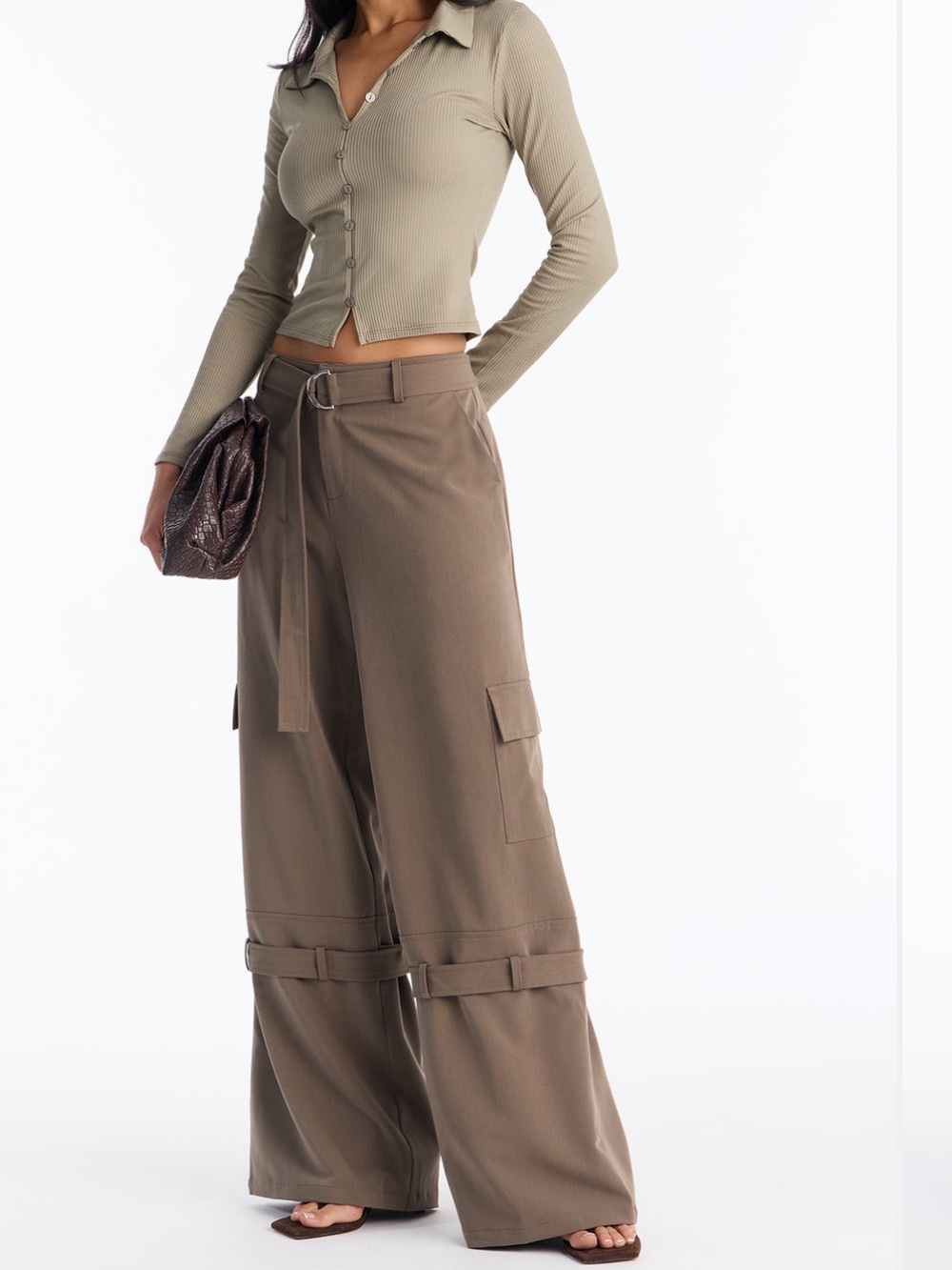 Fashion Nova Wide-Leg Cargo Jumpsuit Pants in Taupe Brown